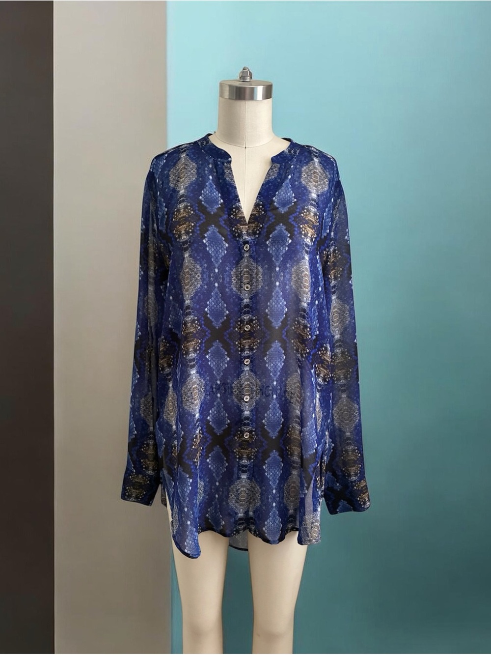 Calvin Klein Blue Patterned Button-Front Long Sleeve Shirt Tunic size M NWT